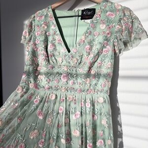 Mac Duggal Green Floral Embroidered Midi Dress